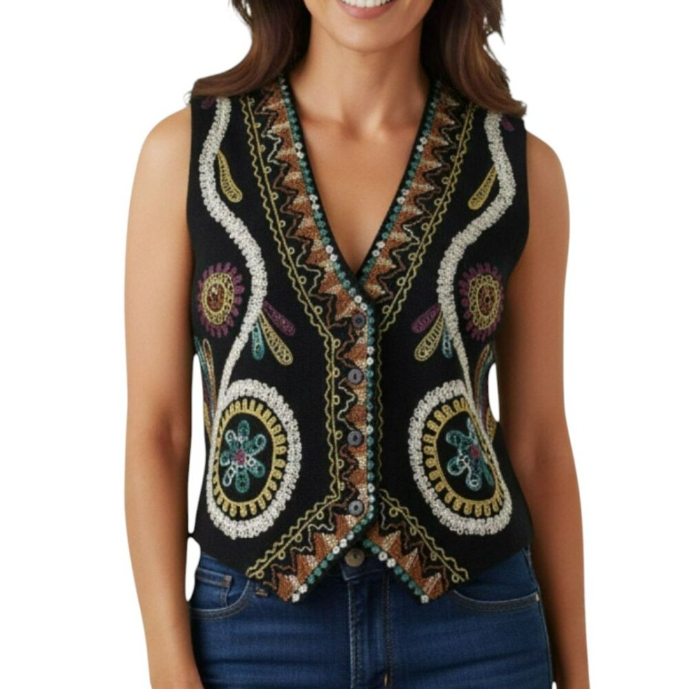 Gallagher Vintage Embroidered Vest M Folk Art Handmade Boho Preppy